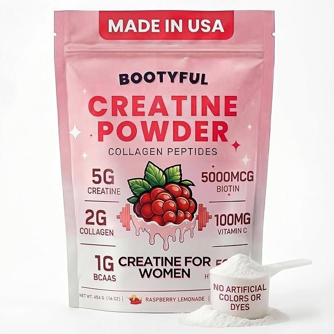 Creatine for Women – Booty Builder – Packed with Collagen Biotin BCAAs Hyaluronic Acid Vitamin C &amp Creatine Monohydrate Powder – Lean Muscle &amp Skin Hydration Support – Pink Lemonade 30 Se