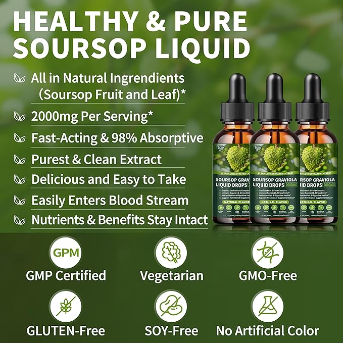 (3 Pack) Soursop Graviola Liquid Drops 2000mg 98% Absorption for Cell Support &amp Regeneration Immune Boost Liver Herbal Goodness Soursop Bitters Liquid-Sugar/Gluten Free Natural Flavor 6 Fl