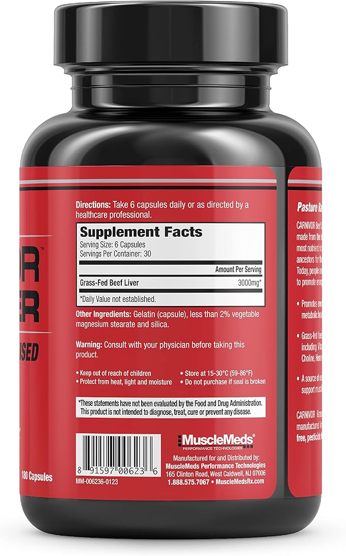 MuscleMeds Carnivor Beef Liver Capsules Energy Production Muscle Recovery Immunity Non-GMO Liver Health Supplement Grass Fed 180 Capsules