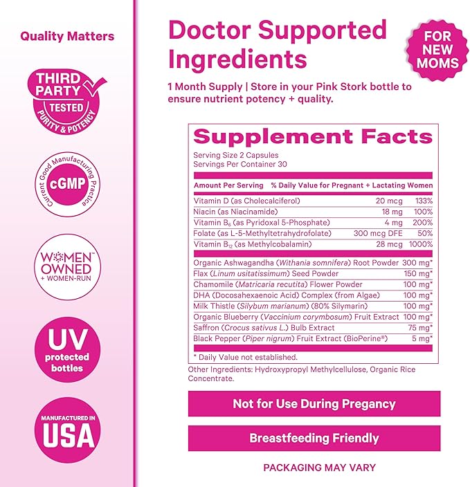 Pink Stork Postpartum Mood Support - Postnatal Hormone Balance for Women - Breastfeeding Friendly - Stress &amp Cognitive Support New Mom Essentials - Ashwagandha Chamomile &amp Vitamin D 60 Cap