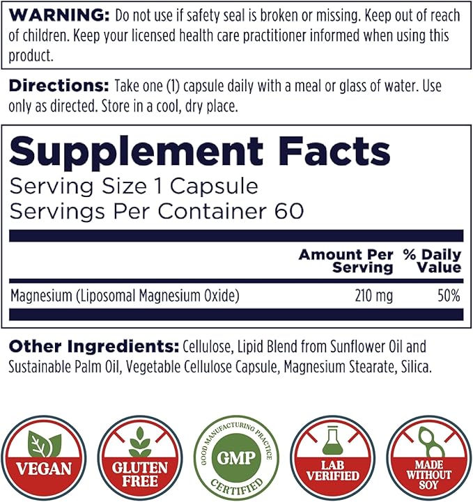 KAL Liposomal Magnesium Oxide 210 mg High Absorption Liposomal Technology Essentials Muscle Support Advanced Formula Vegan Capsules Gluten Free No Soy 60 Servings