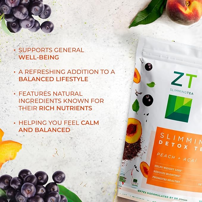 Dr. Zisman ZT Slimming - Peach and Acai Herbal Tea Blend with Ashwagandha Rooibos and Acai - 28 Day Wellness Blend (28 Tea Bags)