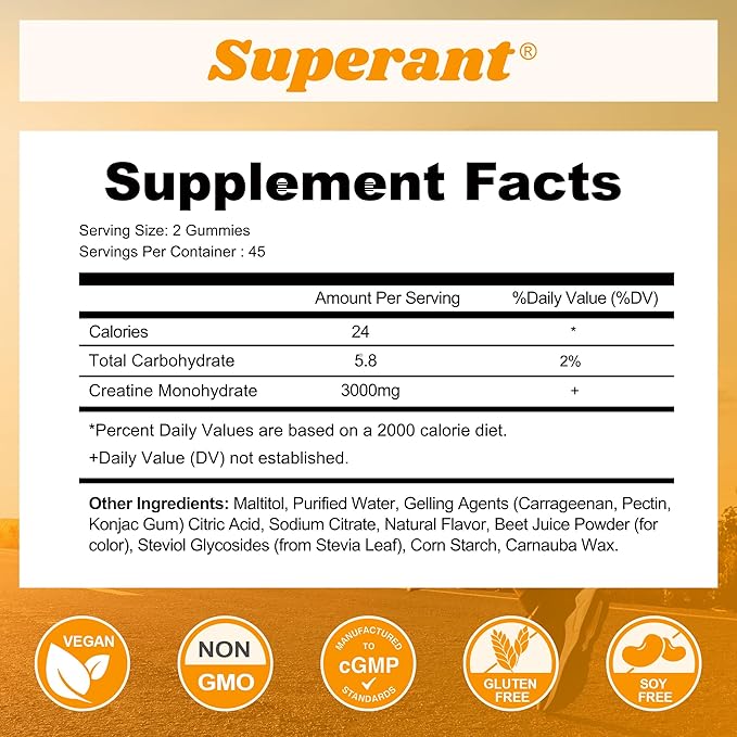 SUPERANT Creatine Monohydrate Gummies for Men &amp Women 1.5g of Creatine per Gummy Boost Focus Strength and Endurance Vegan Gluten-Free Non-GMO 90 Gummies