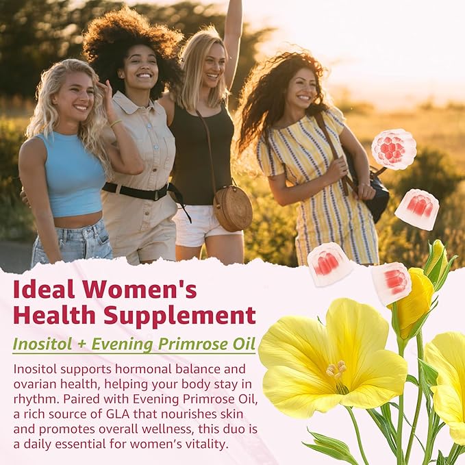 Nextdia Inositol Gummies Supplement with Evening Primrose Oil for Women - 40:1 Ratio Myo-Inositol 2000mg &amp D-Chiro Inositol 50mg with VIT D3 B12 &amp Zinc Sugar-Free for Natural Balance Vegan (
