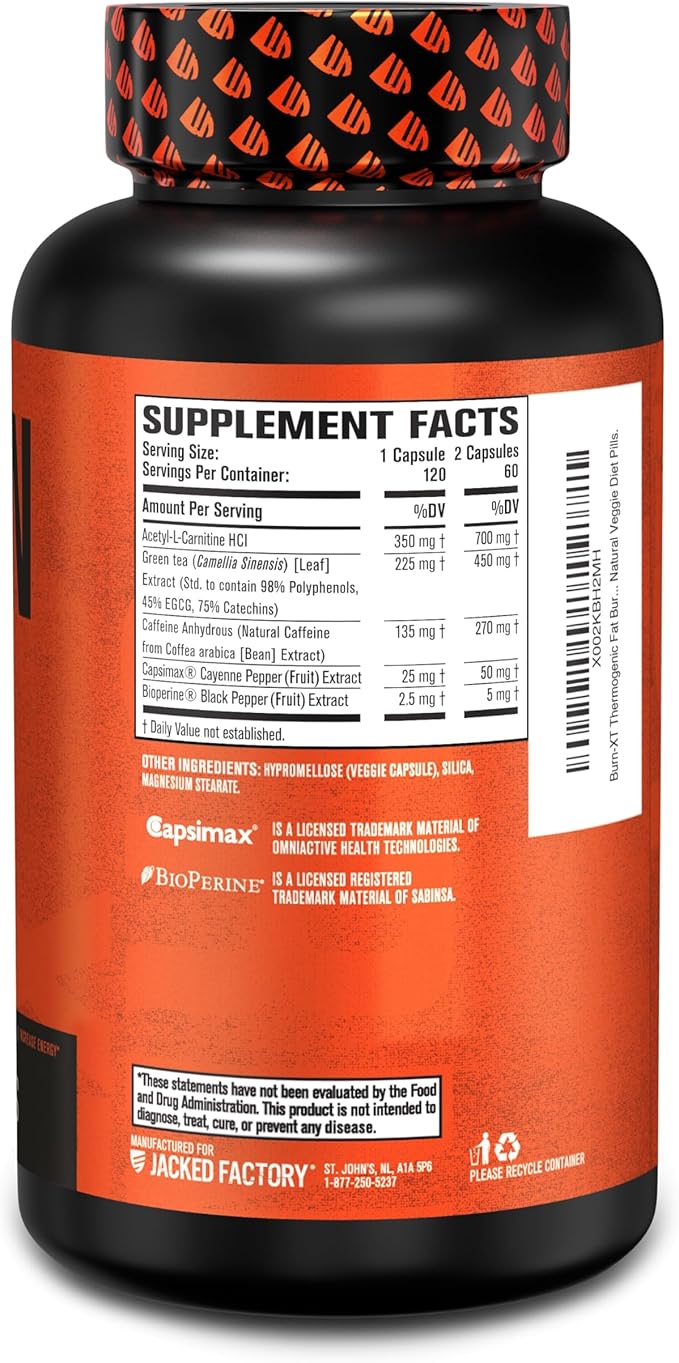 Jacked Factory Burn-XT Clinically Studied Fat Burner &amp Weight Loss Supplement - Appetite Suppressant &amp Energy Booster - with Acetyl L-Carnitine Green Tea Extract and More - 180 Natural Diet P