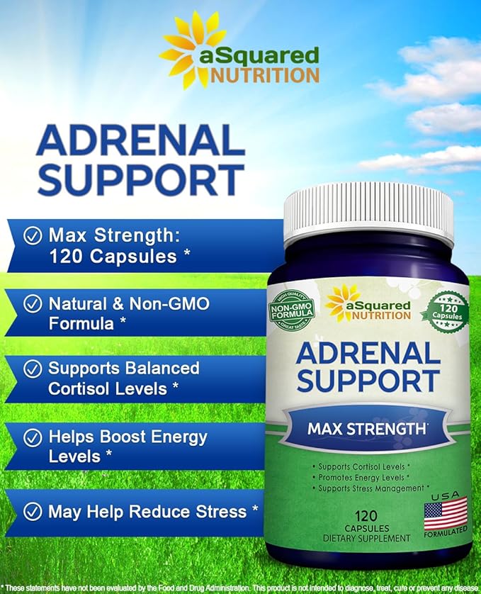 aSquared Nutrition Adrenal Support &amp Cortisol Manager Supplement (120 Capsules)-Adrenal Health w/Vitamin C Complex Pills to Support Fatigue &amp Stress Relief-Ashwagandha L-Tyrosine Rhodiola &a