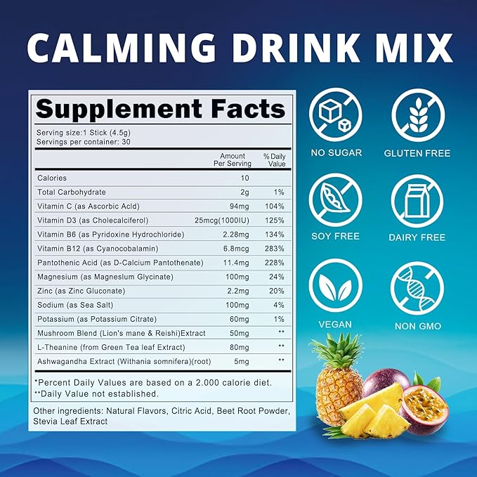 Calming Powdered Drink Mix Cortisol Drink Mix Powder with Magnesium Glycinate Ashwagandha L-Theanine Vitamin Cortisol Support Supplements for Relax Focus &amp Calm Pineapple Flavor 30 Packets