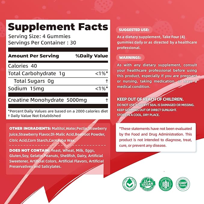 NSF Certified Creatine Gummy - Creatine Monohydrate Gummies 5000mg for Men &amp Women -120 Gummies Advanced Formula Muscle Strength Muscle Builder Energy Boost Pre-Workout Supplement-Strawberry