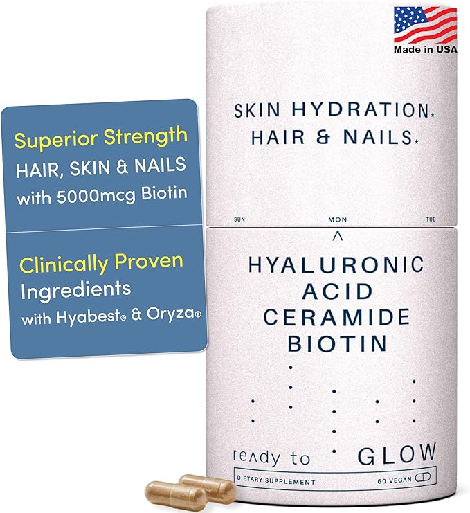 GLOW Anti Aging Supplement - Hyabest® Hyaluronic Acid Phytoceramides 5000 mcg Biotin Vitamin A C E Zinc - Hair Skin Nails Vitamins for Women &amp Men - Wrinkles &amp Skin Hydration - 60 Capsul