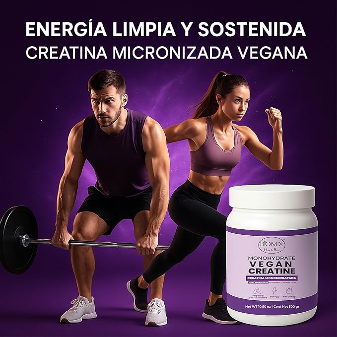 Biomix Vegan Creatine Monohydrate 5000mg Pharmaceutical Grade Micronized 2X Absorption Zero Additives Zero Fillers Strength Energy Muscle Recovery 60 Servings 300g