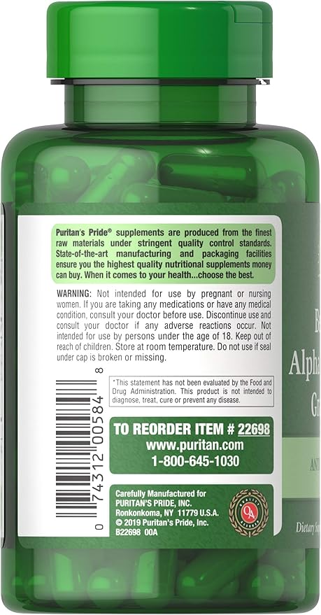 Puritan's Pride Berberine Alpha Lipoic Acid &amp Grape Seed Promotes Antioxidant Support 90 Vegetable Capsules