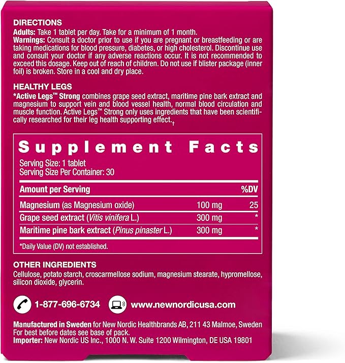 NEW NORDIC Active Legs Strong Grape Seed Maritime Pine Bark Magnesium Non-GMO and Gluten Free 30 Count (Pack of 1)