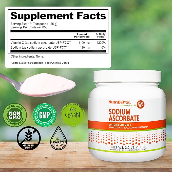 NutriBiotic - Sodium Ascorbate Buffered Vitamin C Powder 2.2 Lb | Vegan Non-Acidic &amp Easier on Digestion Than Ascorbic Acid | Essential Immune Support &amp Antioxidant Supplement | Gluten &amp