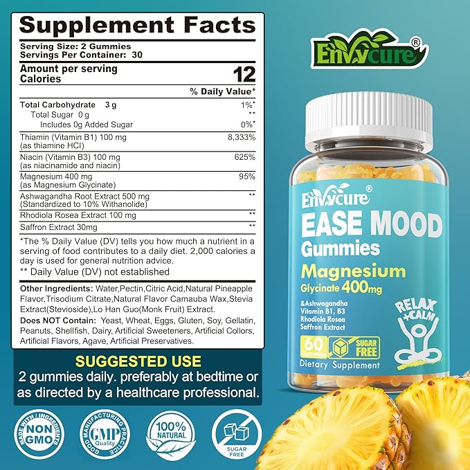 Sugar Free Magnesium Glycinate Gummies 400mg with Ashwagandha B1 B3 Rhodiola Rosea &amp Saffron for Support Rest Mood &amp Energy Calm Magnesium Gummies for Adults Chewable Magnesium Supplement