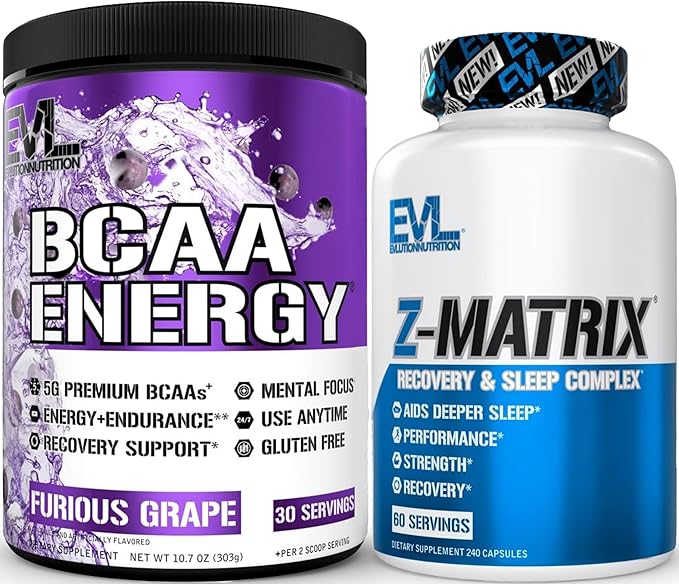 Evlution ZMatrix Magnesium and Zinc Post Workout Supplement (60 Servings) Plus Replenishing BCAAs Amino Acids Powder for Pre &amp Post Workout (Grape 30 Servings)