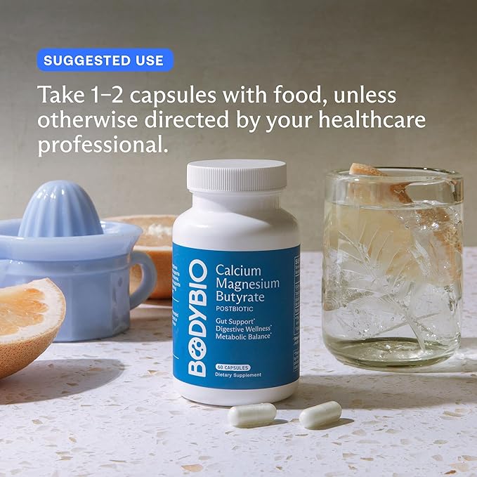 BodyBio Butyrate - Postbiotic for Gut Health Digestive Support Bloat Gas &amp Constipation Relief Leaky Gut Repair - Calcium Magnesium + Butyric Acid Supplement for GI Wellness