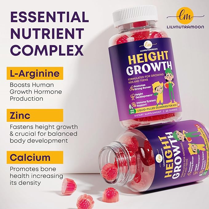Height Growth Gummies for Kids &amp Teens - Calcium Vitamin D3 + K2 Zinc Magnesium L-Arginine Vitamin C - Multivitamin for Teen Boys &amp Girls - Grow Taller Supplement for Kids Height - 60 Gum