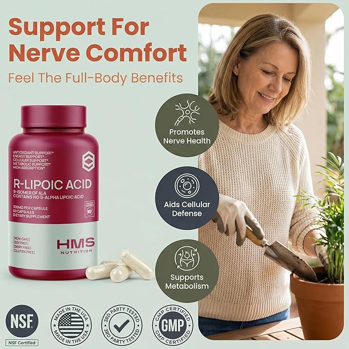 HMS Nutrition Stabilized R-Lipoic Acid 300 mg per Serving — Pure R Alpha Lipoic Acid (R-ALA) High Potency Active R Isomer Antioxidant Nerve &amp Metabolism Support — NSF Certified Non-GMO Vegan 60Cap