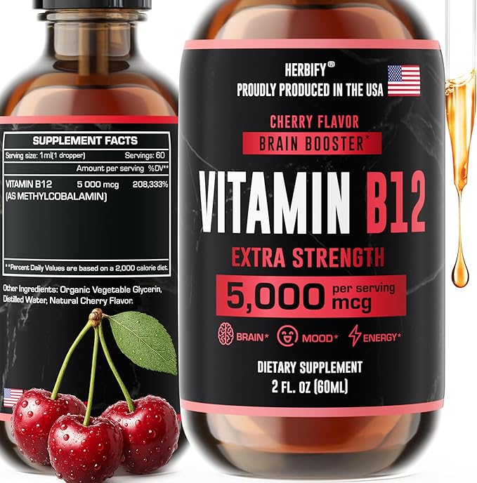 HERBIFY Vitamin B12 Methylated Multivitamin Energy Supplements for Women &amp Men - Liquid B12 Vitamins 5000 Mcg Methylcobalamin - Energy Support and Immune Health Liquid Vitamin - 30 Days Supply - 2