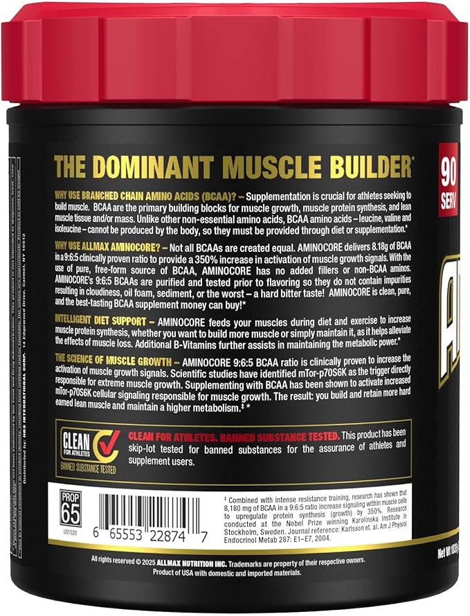 ALLMAX AMINOCORE BCAA Powder for Workout Muscle Recovery &amp Increased Endurance - Sugar Free No Fillers 8.18 Grams Bcaas Amino Acids B Vitamins for Women and Men- 90 Servings | Pineapple Mango 1