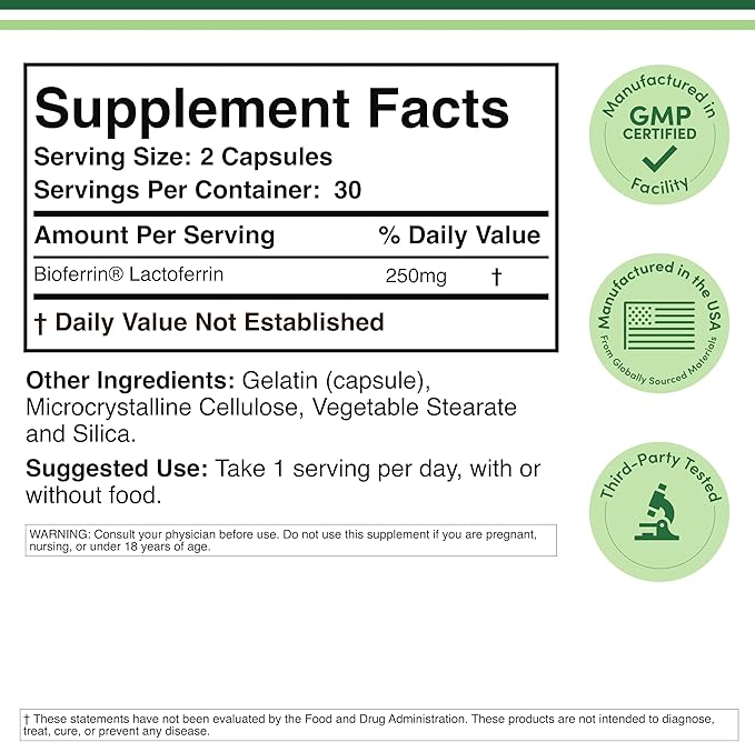 Lactoferrin 250mg per Serving (60 Capsules) Patented Bioferrin Lactoferrin - Superior Iron Supplement for Iron Deficiency and Immune Support by Double Wood Supplements