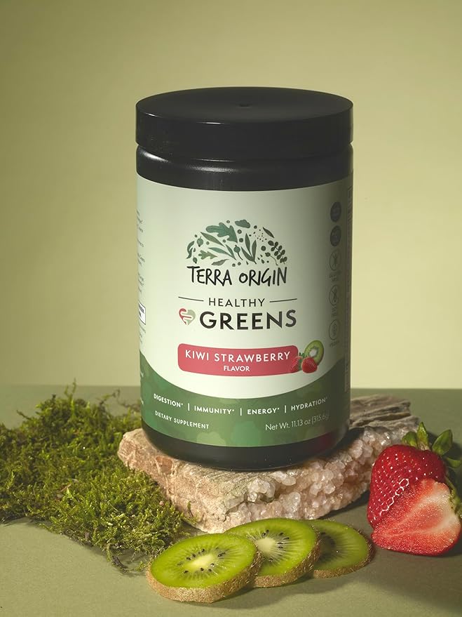 TERRA ORIGIN Healthy Greens Powder Blend | Superfoods Probiotics Enzymes Spirulina | for Immune &amp Digestive Gut Health Support | Energy &amp Wellness Boost | 30 Servings (Kiwi Strawberry)