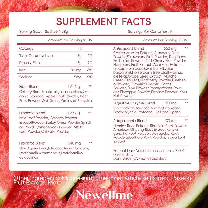 Newellme Watermelon Berry Superfoods Happy Cleaner Probiotic Powder Happy Cleaner para Bajar De Peso Natural Antioxidant &amp Greens Mix with Fruits and Veggies (42-Days Watermelon)