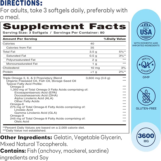 Vitamin World Triple Omega 3-6-9 3600mg with Fish Flaxseed &amp Borage Seed Oils Omega-3 Fatty Acids with EPA &amp DHA Supports Heart Brain &amp Immune Health Gluten Free 240 Softgels