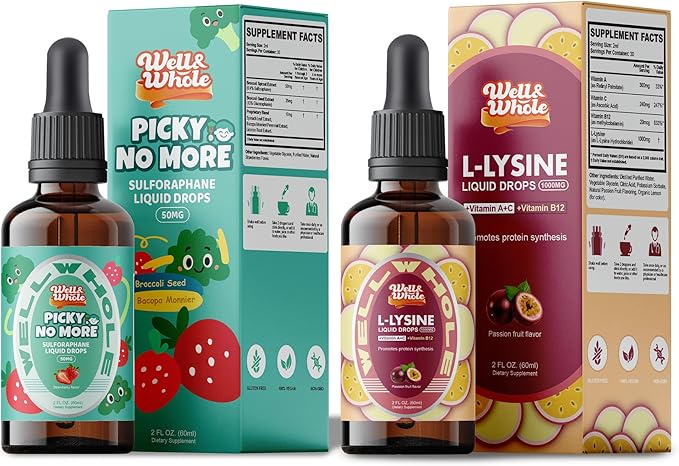 Well&ampWhole L-Lysine Supplement Liquid Drops and Sulforaphane Supplement from Broccoli Sprouts