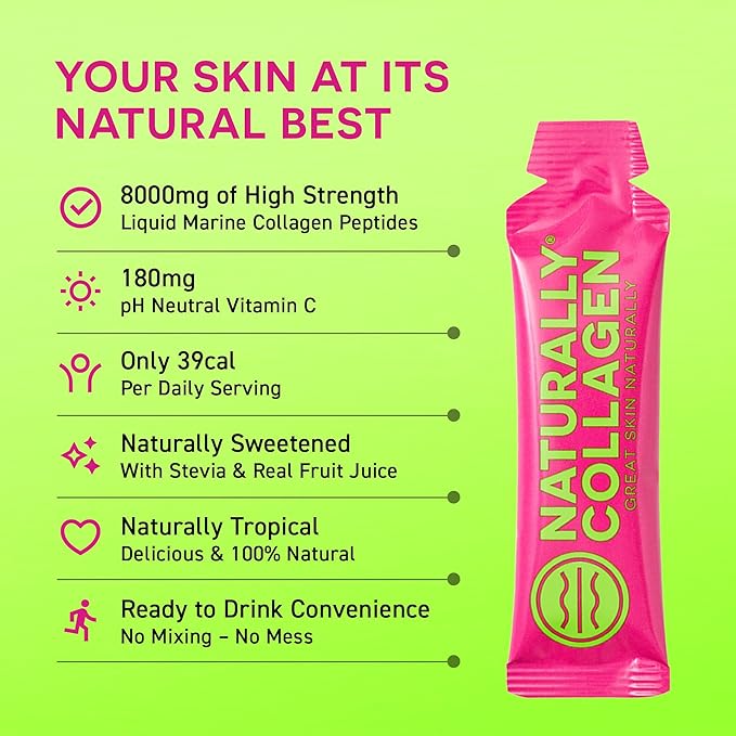Premium Hydrolyzed Liquid Marine Collagen Supplement - 8000mg of Collagen per Sachet Plus 180mg VIT C - Natural Tropical Fruit Flavour - 14 Sachets per Box