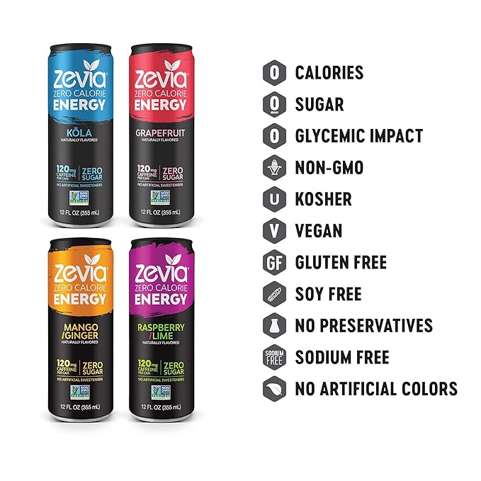 Zevia Zero Calorie Soda Ginger Ale Naturally Sweetened Soda (24) 12 Ounce Cans Ginger-flavored Carbonated Soda &amp Zero Calorie Energy Drink Variety Pack 12 Ounce (Pack of 12) Packaging May Va