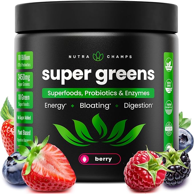 SuperGreens Powder 40+ Organic Superfoods Probiotics &amp Enzymes for Energy Digestion Gut Health &amp Bloating | Organic Fruit &amp Veggie Drink Mix Daily Green Juice Smoothie Blend Spinach
