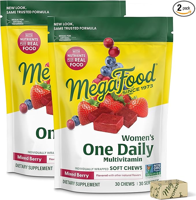 MegaFood Multivitamin for Women One Daily Multivitamins Soft Chews with Folate Methylated B12 Vitamin B6 Biotin Vitamin D3 C &amp A - Mixed Berry Flavor - Vegetarian Non-GMO - 30 Chews 2 Pac
