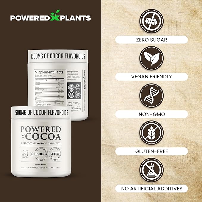 High Flavanol Cocoa Powder - 1500mg Cocoa Flavanols 12X More Epicatechin 700MG Epicatechin Antioxidant Flavonoids - Supports Brain Heart Health Nitric Oxide &amp Circulation by Powered X Plants