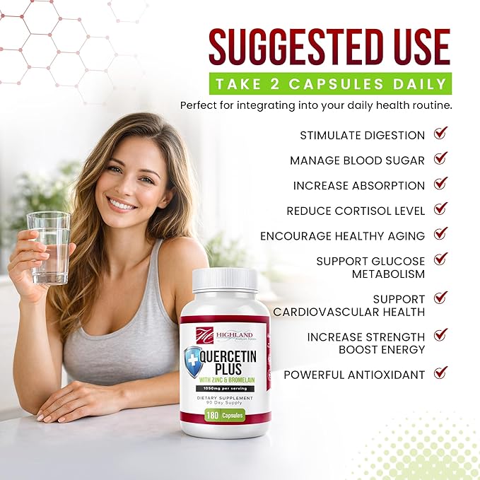 Quercetin Plus Bromelain and Zinc 180 Capsules - Immune Support Supplement for Adults Teens Seniors - Quercetin with Bromelain for Immune Support