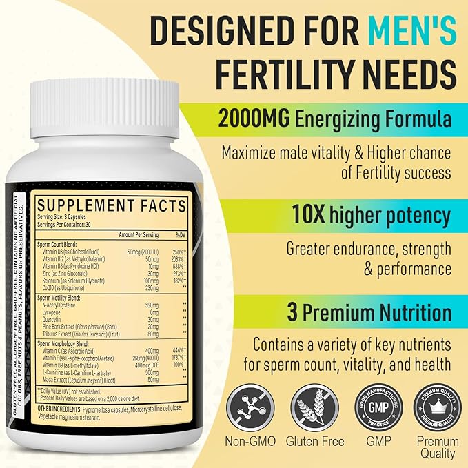 Fertility Supplements for Men Male Fertility Supplement - Optimal Sperm Count Motility and Strength 2000MG Mens Prenatal Vitamins with CoQ10 Maca Root Zin NAC &ampFolate for Conception - 90 Caps