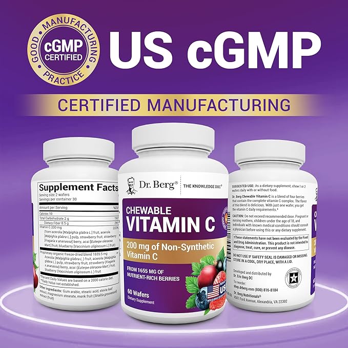 Dr. Berg Chewable Vitamin C Complex - Made with Organic Non-GMO Berries - 60 Delicious Wafers