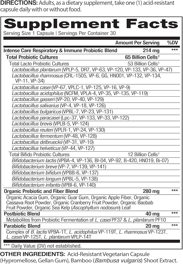 Vital Pro Naturals - Respiratory and Immune Probiotics + Prebiotics Postbiotics Parabiotics Health Supplement for Adults High Potency 65 Billion CFU 65 Strains Supports Intestinal Health 30 ct