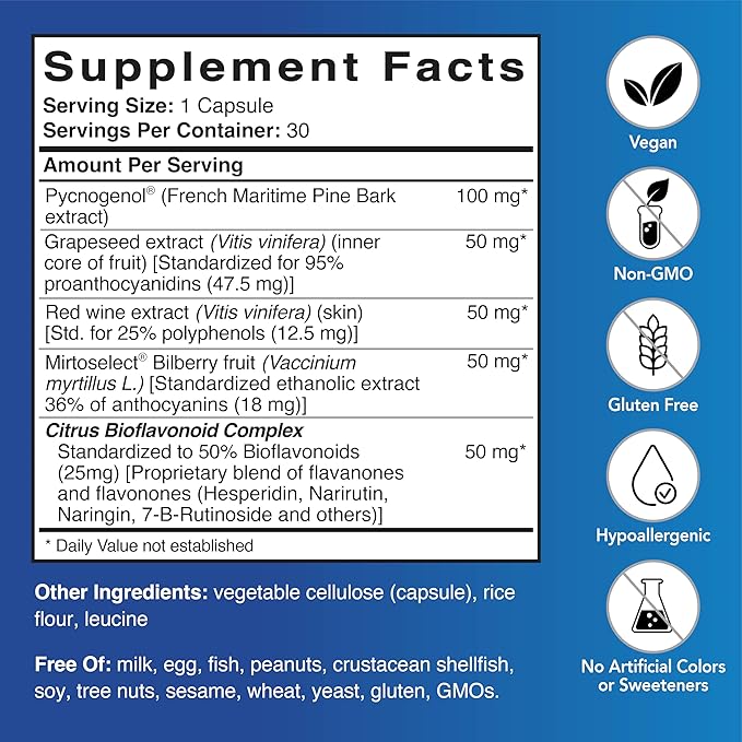Patient One Pycnogenol OPC Complex 300mg | Supplement to Support Vascular Health and Healthy Aging* | French Maritime Pine Bark and More | 30 Capsules