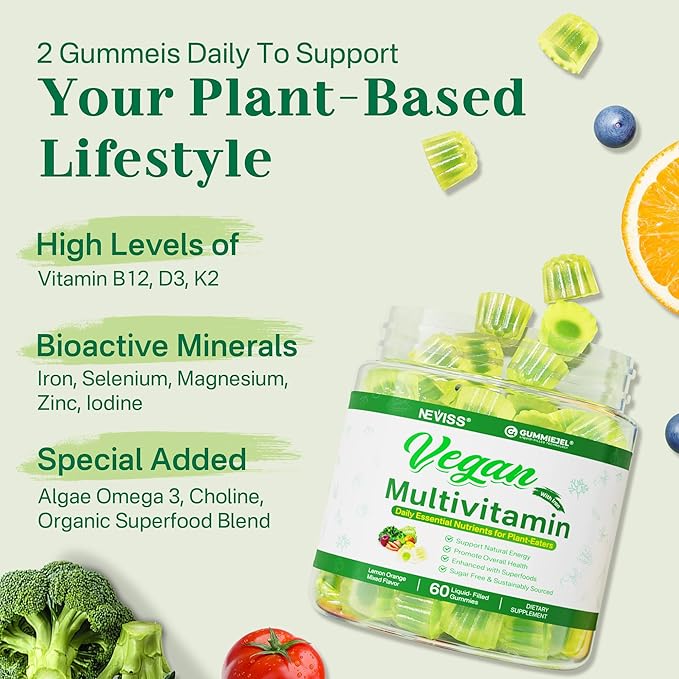Vegan Omega 3 Gummies 1000mg with Vegan Multivitamin for Women Men with Iron Vitamin B12 A D3 K2 Algae Omega 3 Magnesium Zinc