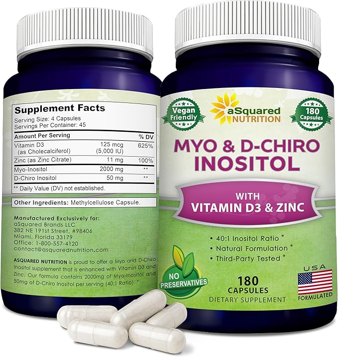 aSquared Nutrition Myo-Inositol &amp D-Chiro Inositol Supplement - 180 Capsules - Plus Vitamin D3 and Zinc - Myo &amp D-Chiro Inositol 40 to 1 Ratio - VIT B8 Complex Pills