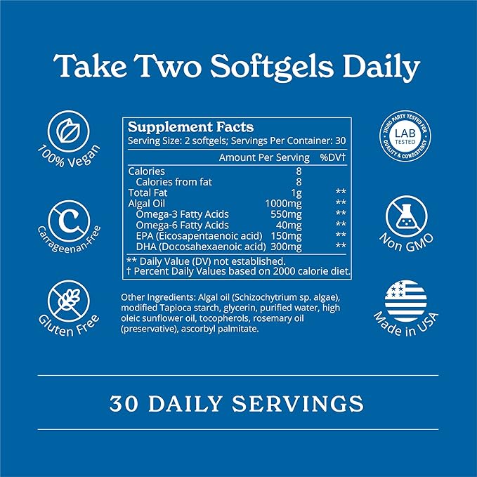 Calgee Vegan Omega 3 Supplement 450mg DHA &amp EPA Fatty Acids from Algae Oil Plant-Based Fish Oil Alternative Carrageenan-Free Softgels Non-GMO 120 Count