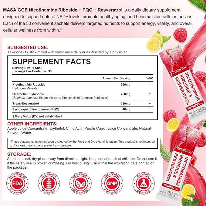 NAD 1000mg Liquid 30 Packets NAD Liquid Supplement NAD Supplements for Women Premium Nicotinamide Riboside &amp Resveratrol Boosts Cellular Energy