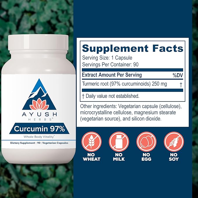 Ayush Herbs Curcumin 97% - Curcumin Supplements Premium Turmeric Root Supplement Curcuminoids for Women &amp Men Adults Premium Joint Support Strength &amp Vitality - 90 Vegetarian Capsules (1