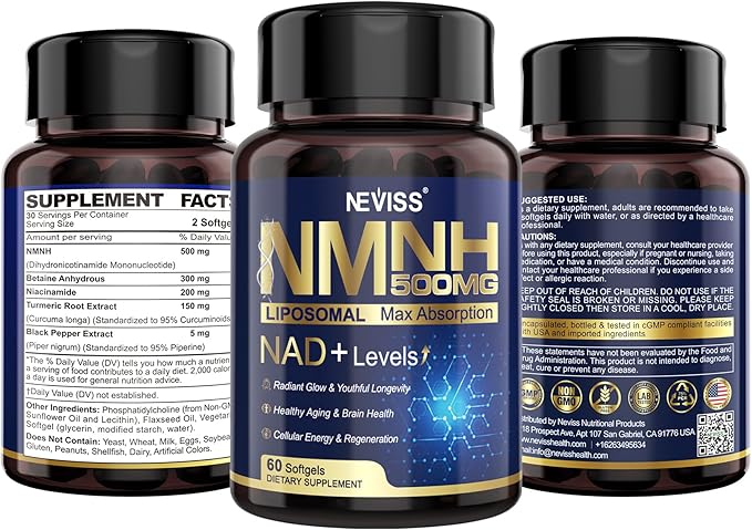 2Pack NAD+ Supplement Next-Gen NMNH Liposomal 500mg NR NMN Supplement Alternative High Absorption NAD+ with Curcumin Niacinamide for Cellular Energy DNA Repair Healthy Aging 120 Softgels