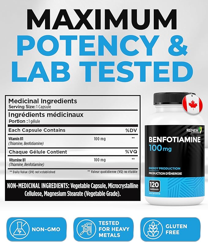 Renew Actives Benfotiamine 100mg – Supports Energy Production &amp Overall Wellness – Vegan Non-GMO Gluten-Free – 120 Capsules