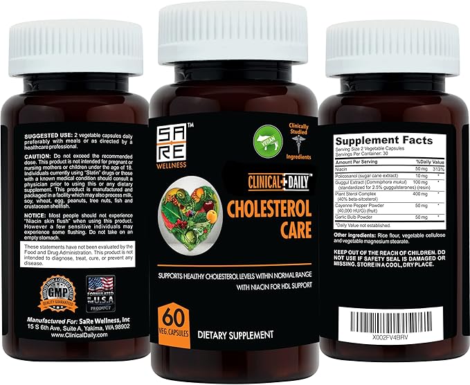 Clinical Daily Cholesterol Care Supplement. Vegan Cholesterol and Triglyceride Supplements. Plant Sterols Supplements Cholesterol Support with Guggul Garlic Niacin. 60 Capsules