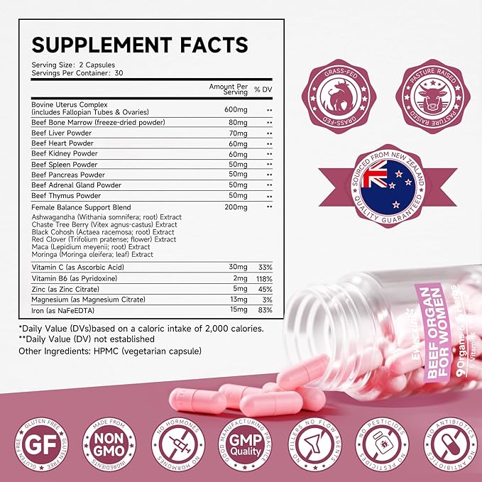 Beef Organs Supplement for Women: 600mg Beef Uterus Liver Kidney Heart for Primal Energy &amp Hormone Support – Complex with Herbs Multivitamin &amp Minerals – 60 Capsules Supplement