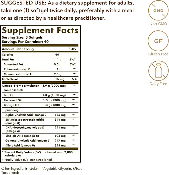 Solgar 1300 mg Omega 3-6-9 120 Softgels - Fish Oil Supplement - Support for Joint &amp Skin Health - Includes Flaxseed &amp Borage - Contains EPA &amp DHA Omega 3 Fatty Acids - 40 Servings