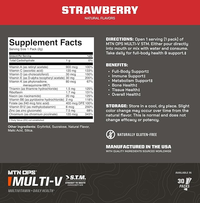 MTN OPS Multi‑V STM On‑the‑Go Daily Multivitamin for Men Women &amp Kids – Straight‑to‑Mouth Vitamin C D3 B Zinc Packs – Gluten Free Natural Flavors 30 Servings